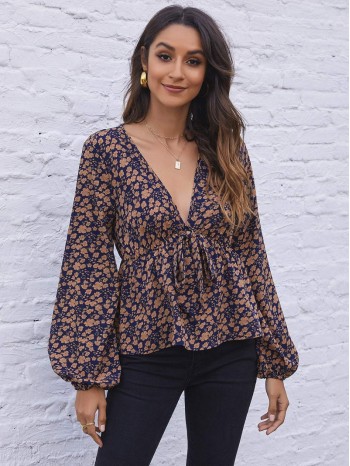 Floral Print Plunging Neck Peplum Blouse