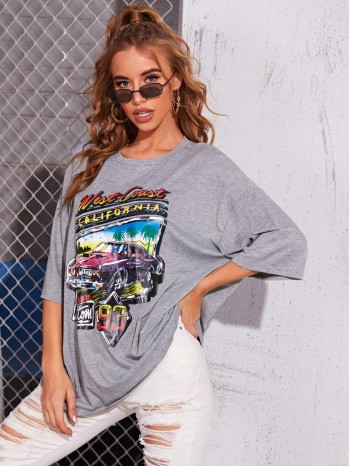 Letter And Car Print Oversize Tee