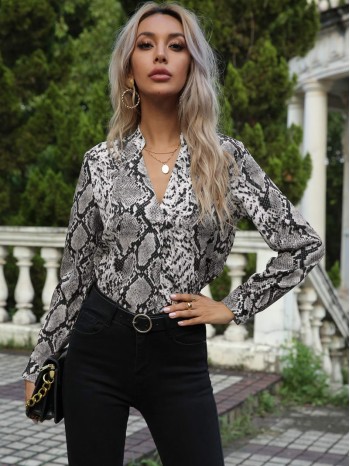 Snakeskin Print Notched Neck Blouse