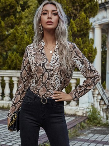 Snakeskin Print Notched Neck Blouse