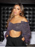 Lantern Sleeve Ruched Front Glitter Crop Bardot Top