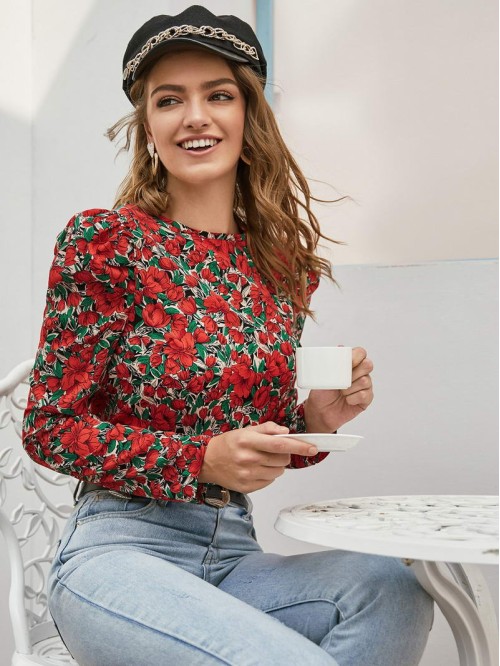 Allover Floral Print Puff Sleeve Blouse