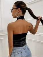 Rib-knit Contrast Satin Halter Top