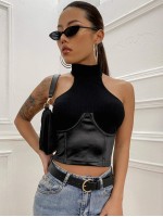 Rib-knit Contrast Satin Halter Top