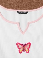 Notch Neck Lettuce Trim Butterfly Patched Crop Top