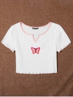 Notch Neck Lettuce Trim Butterfly Patched Crop Top