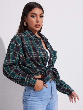 Drop Shoulder Plaid Blouse