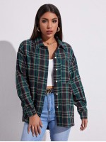 Drop Shoulder Plaid Blouse