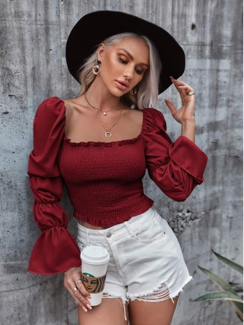 Frill Trim Shirred Crop Blouse