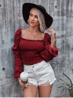 Frill Trim Shirred Crop Blouse