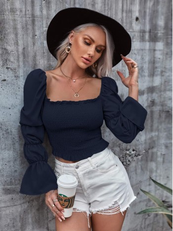 Frill Trim Shirred Crop Blouse