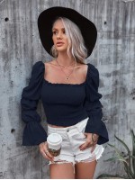 Frill Trim Shirred Crop Blouse