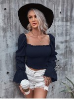 Frill Trim Shirred Crop Blouse