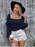 Frill Trim Shirred Crop Blouse