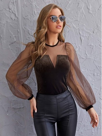 Keyhole Back Mesh Lantern Sleeve Top