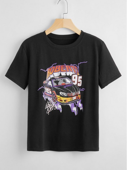 Letter And Car Graphic Tee