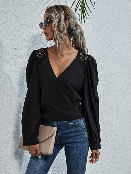 Lace Panel Sheer Back Surplice Blouse