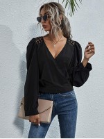 Lace Panel Sheer Back Surplice Blouse