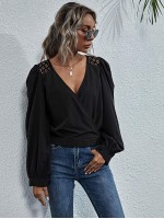 Lace Panel Sheer Back Surplice Blouse