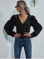 Lace Panel Sheer Back Surplice Blouse