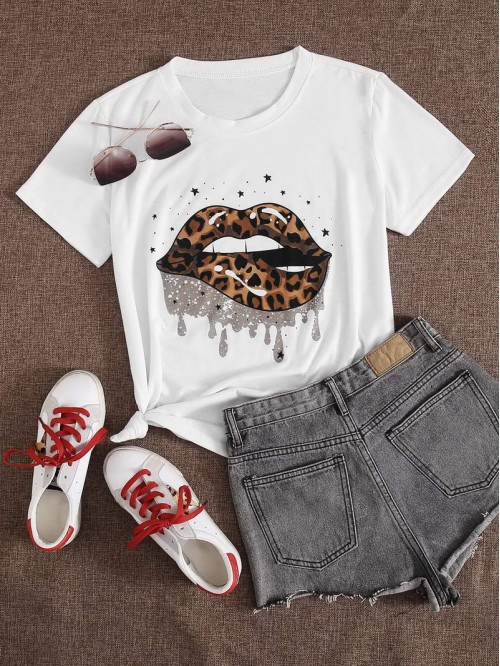 Leopard Lip Print Short Sleeve Tee