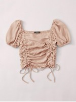 Shirred Back Drawstring Ruched Crop Top