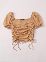 Shirred Back Drawstring Ruched Milkmaid Top