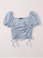 Shirred Back Drawstring Ruched Milkmaid Top