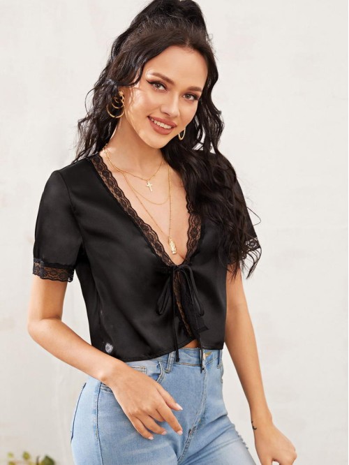 Knot Front Lace Trim Satin Top