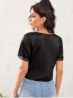 Knot Front Lace Trim Satin Top