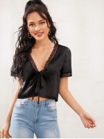 Knot Front Lace Trim Satin Top