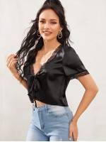 Knot Front Lace Trim Satin Top