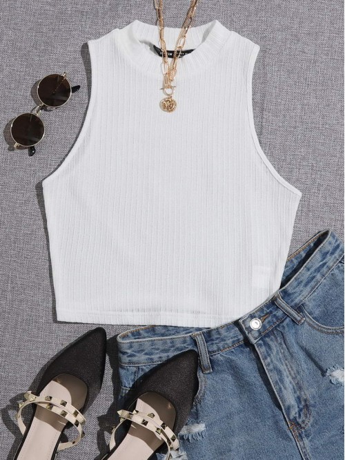 Solid Crop Rib-knit Tank Top