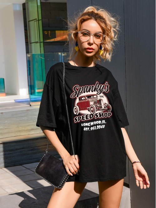 Car And Letter Graphic Oversized Tee