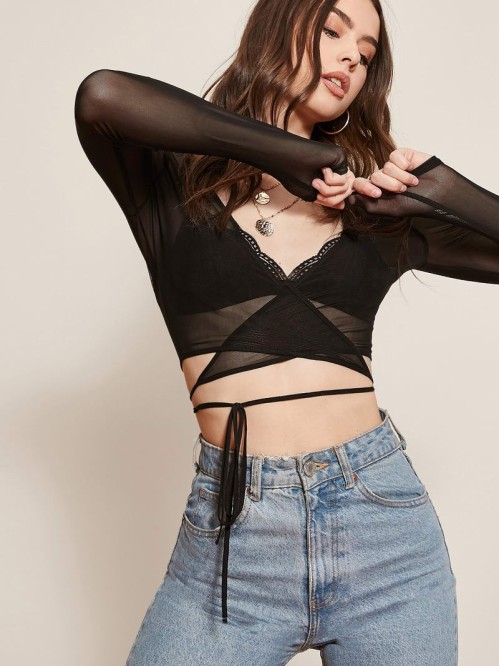 Crisscross Tie Front Mesh Top Without Bra