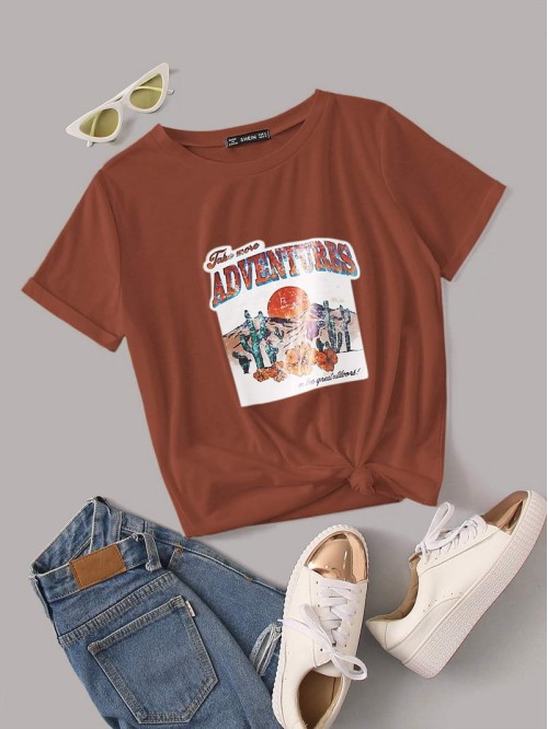 Letter & Plants Graphic Rolled Cuff Tee