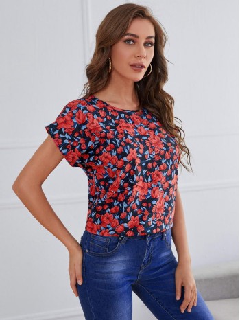 Allover Floral Print Cuffed Sleeve Top