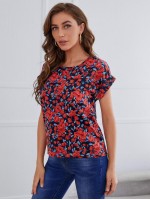 Allover Floral Print Cuffed Sleeve Top