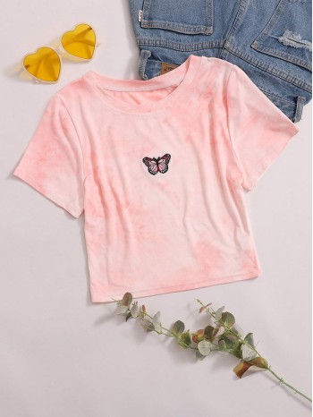 Tie Dye Butterfly Embroidery Crop Tee