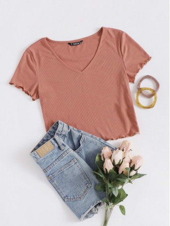 V Neck Lettuce Trim Rib-knit Crop Top