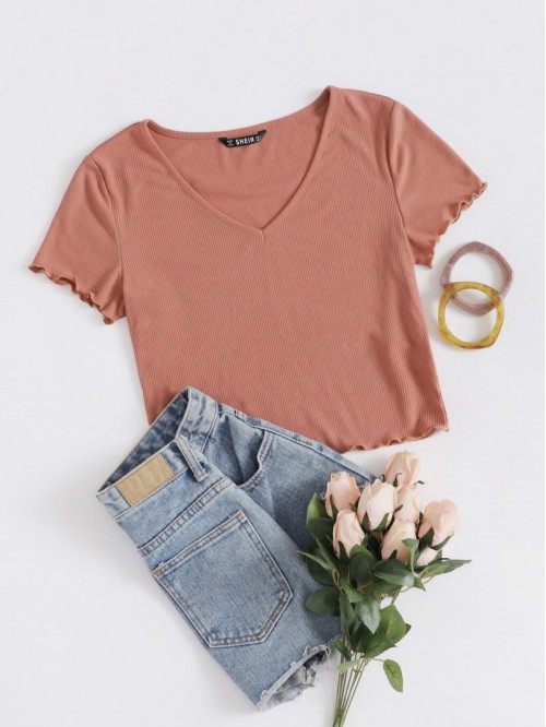 V Neck Lettuce Trim Rib-knit Crop Top