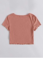 V Neck Lettuce Trim Rib-knit Crop Top