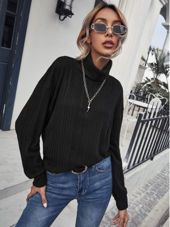 Rolled Neck Rib-knit Tee