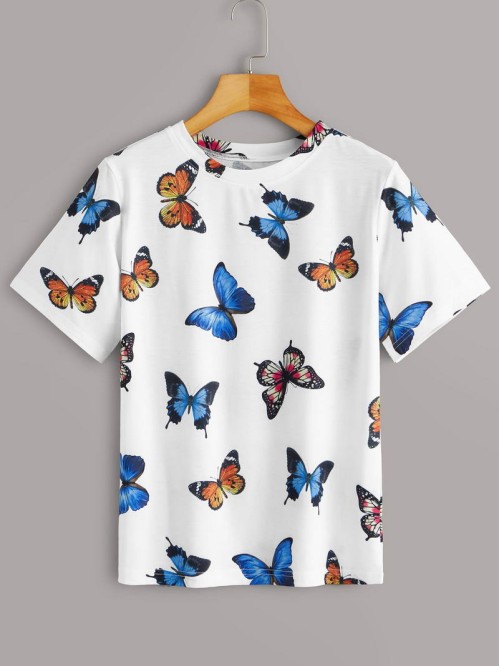 Butterfly Print Round Neck Tee