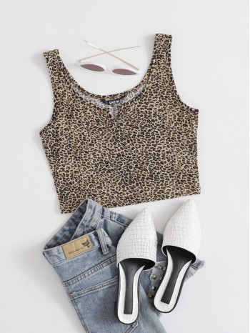 Notched Neck Leopard Tank Top