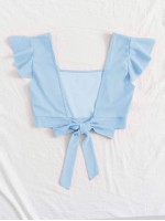 Square Neck Ruffle Trim Knot Back Crop Top