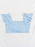 Square Neck Ruffle Trim Knot Back Crop Top