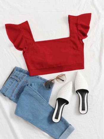 Ruffle Armhole Tie Back Crop Top