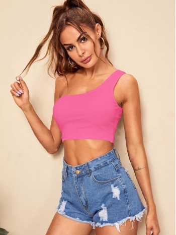 Neon Pink One Shoulder Rib-knit Crop Top