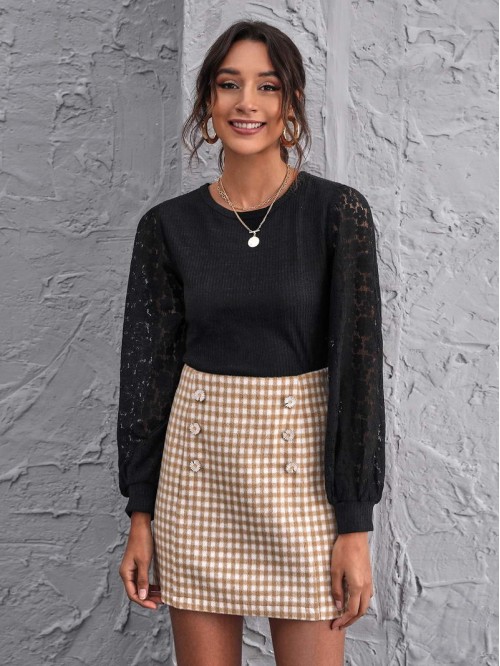 Lace Lantern Sleeve Crop Top